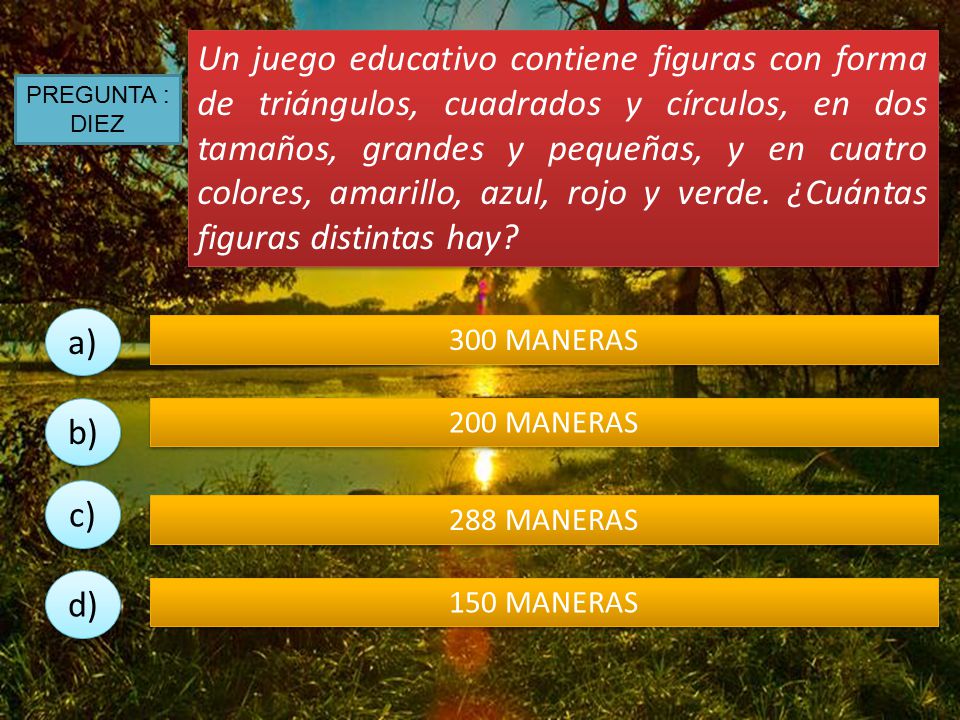 Un juego educativo contiene figuras con forma de triángulos, cuadrados y círculos, en dos tamaños, grandes y pequeñas, y en cuatro colores, amarillo, azul, rojo y verde. ¿Cuántas figuras distintas hay