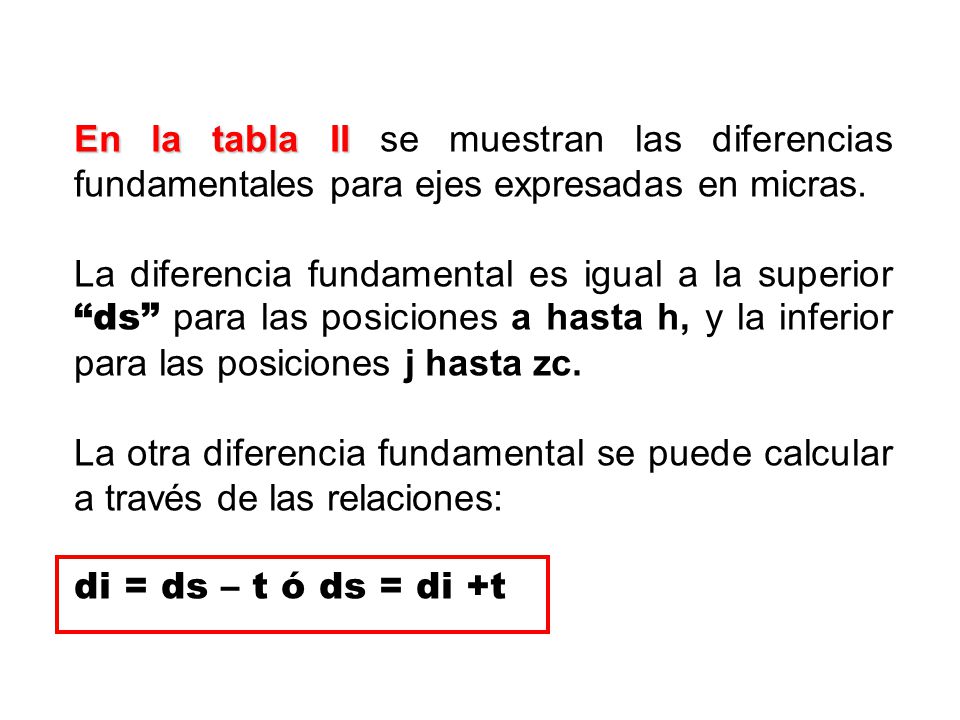 En la tabla II se muestran las diferencias fundamentales para ejes expresadas en micras.