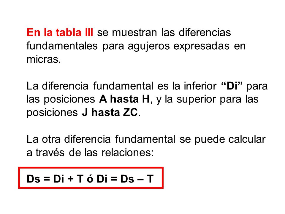 En la tabla III se muestran las diferencias fundamentales para agujeros expresadas en micras.