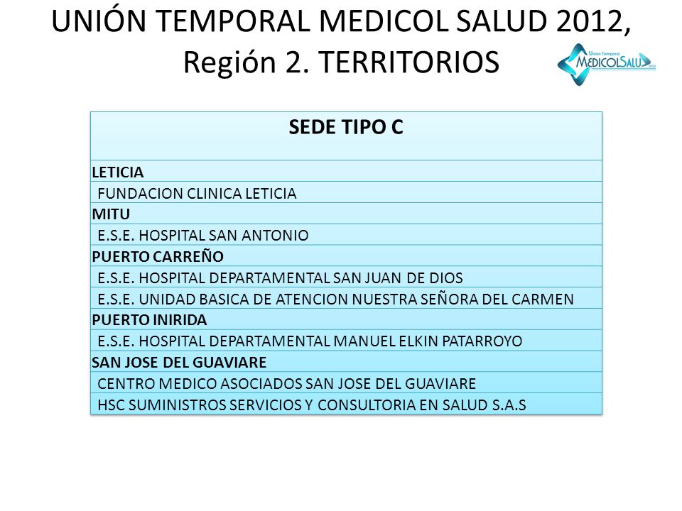 UNIÓN TEMPORAL MEDICOL SALUD 2012, Región 2. TERRITORIOS