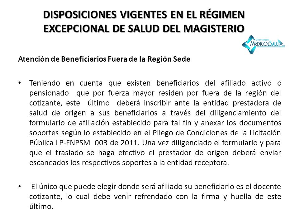 DISPOSICIONES VIGENTES EN EL RÉGIMEN EXCEPCIONAL DE SALUD DEL MAGISTERIO