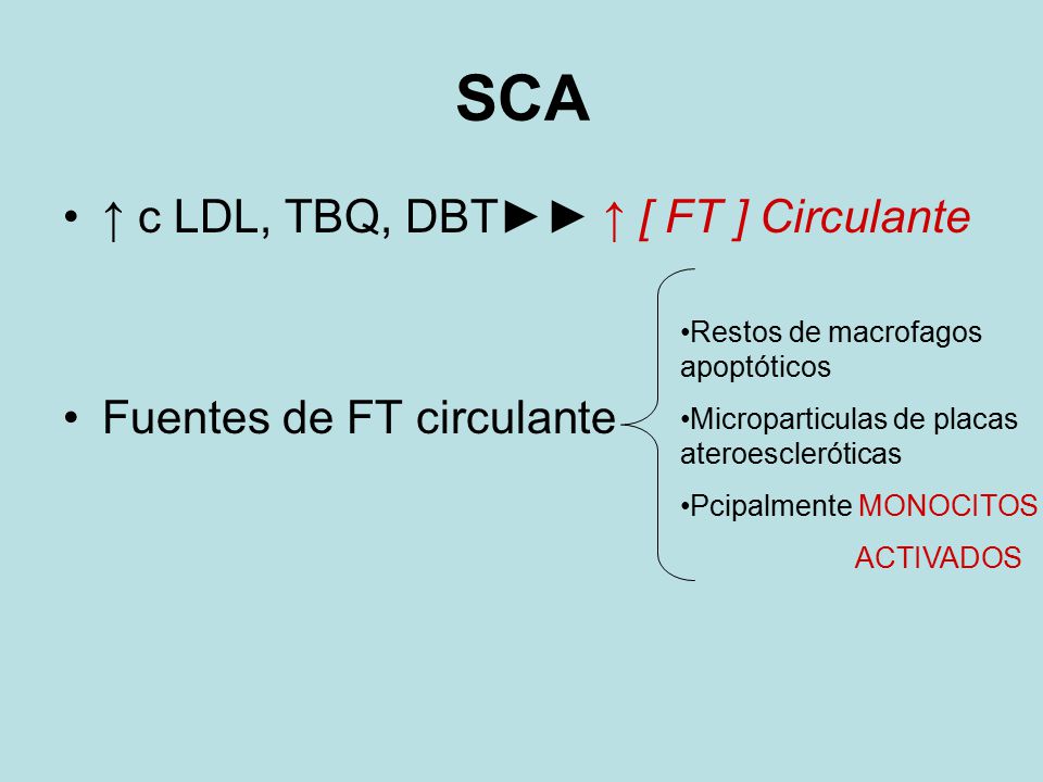 SCA ↑ c LDL, TBQ, DBT►► ↑ [ FT ] Circulante Fuentes de FT circulante