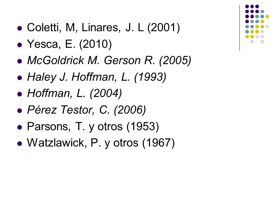 Coletti, M, Linares, J. L (2001) Yesca, E. (2010) McGoldrick M. Gerson R. (2005) Haley J. Hoffman, L. (1993)