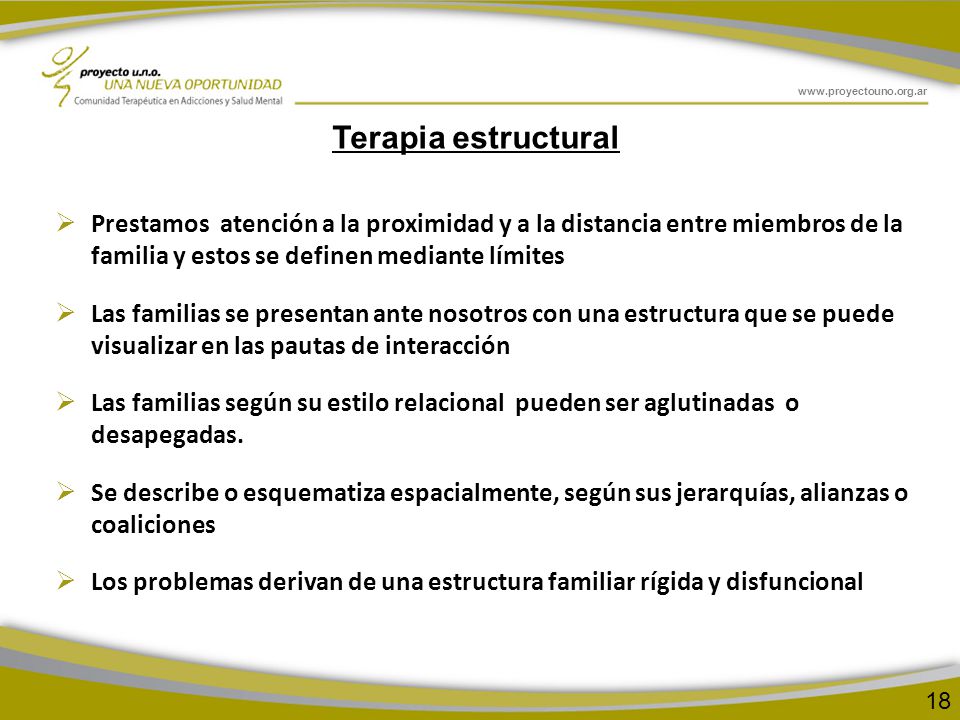 Terapia estructural Prestamos atención a la proximidad y a la distancia entre miembros de la familia y estos se definen mediante límites.