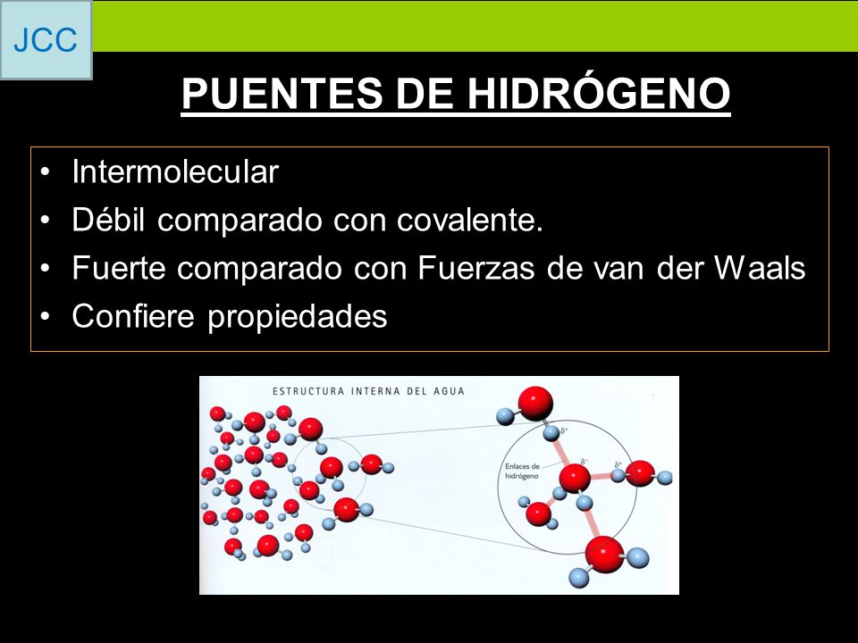 PUENTES DE HIDRÓGENO Intermolecular Débil comparado con covalente.