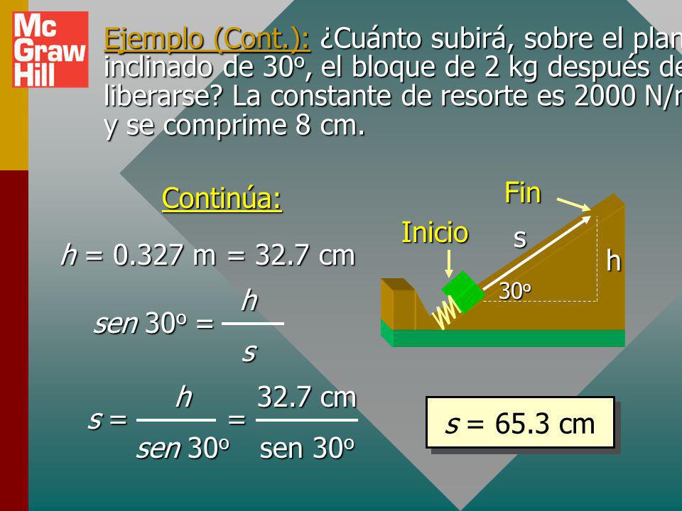 Ejemplo (Cont.): ¿Cuánto subirá, sobre el plano inclinado de 30o, el bloque de 2 kg después de liberarse La constante de resorte es 2000 N/m y se comprime 8 cm.