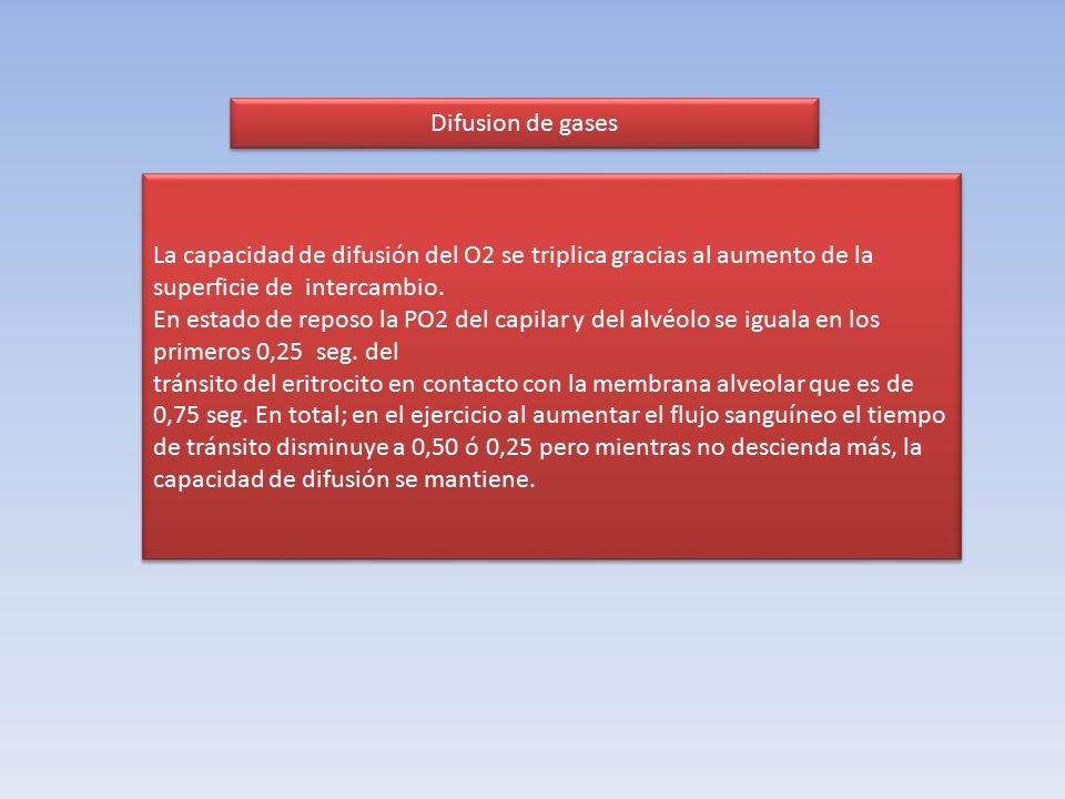 Difusion de gases La capacidad de difusión del O2 se triplica gracias al aumento de la superficie de intercambio.