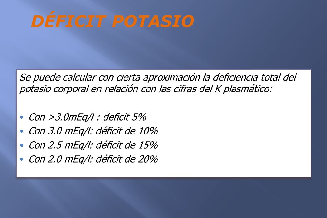 DÉFICIT POTASIO Se puede calcular con cierta aproximación la deficiencia total del potasio corporal en relación con las cifras del K plasmático: