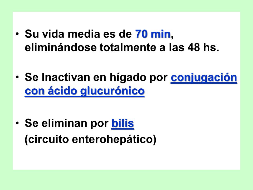 Su vida media es de 70 min, eliminándose totalmente a las 48 hs.