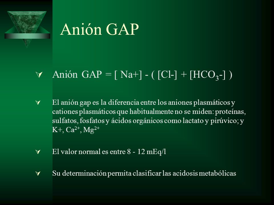 Anión GAP Anión GAP = [ Na+] - ( [Cl-] + [HCO3-] )
