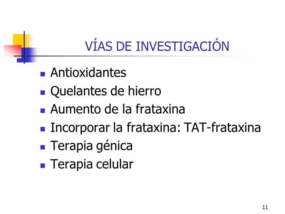 VÍAS DE INVESTIGACIÓN Antioxidantes. Quelantes de hierro. Aumento de la frataxina. Incorporar la frataxina: TAT-frataxina.