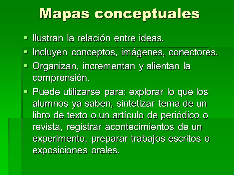 Mapas conceptuales Ilustran la relación entre ideas.