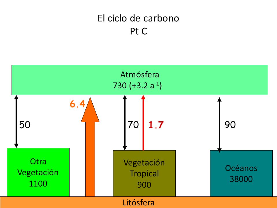 El ciclo de carbono Pt C Atmósfera 730 (+3.2 a-1)