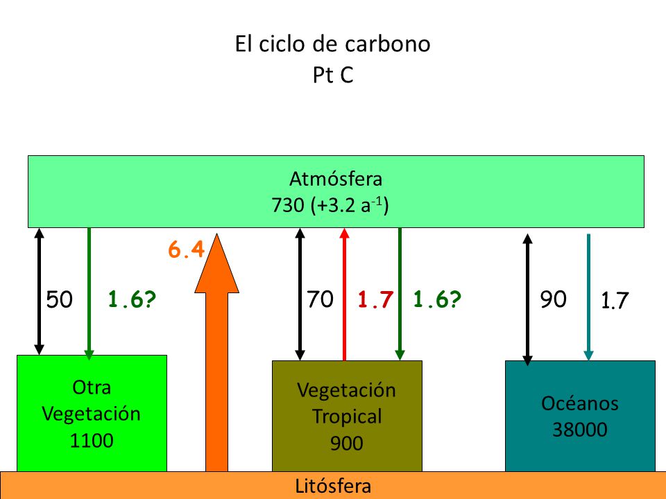 El ciclo de carbono Pt C Atmósfera 730 (+3.2 a-1)