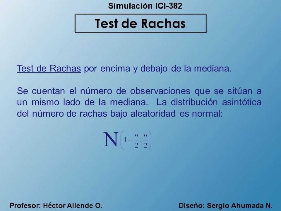 N Test de Rachas Test de Rachas por encima y debajo de la mediana.