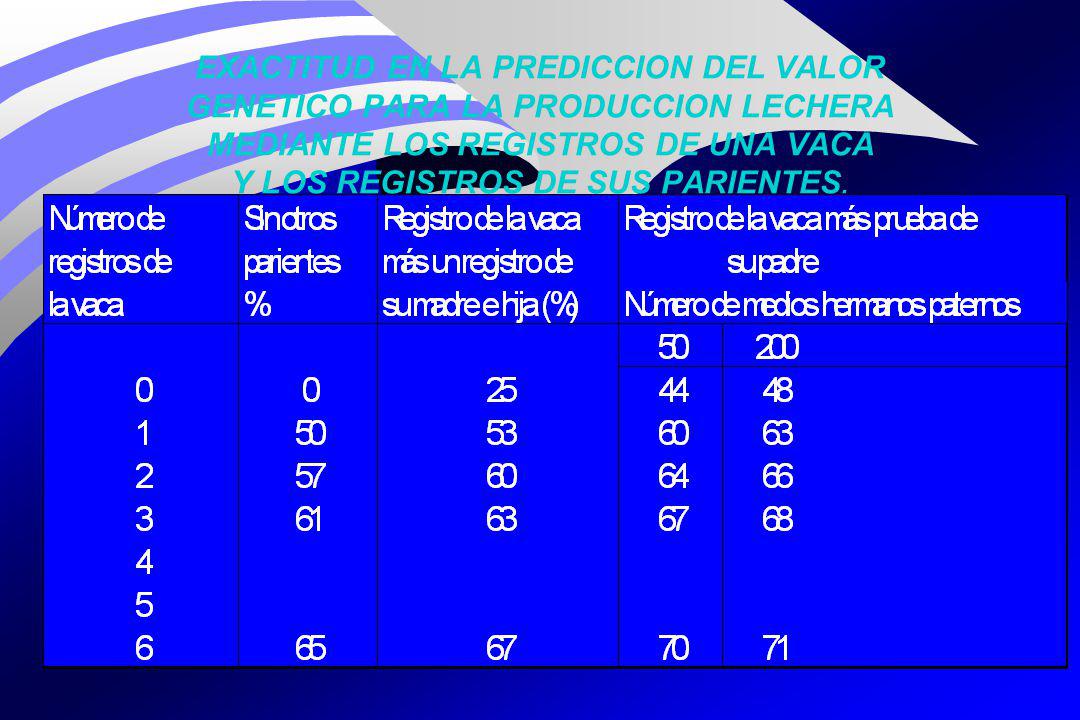 EXACTITUD EN LA PREDICCION DEL VALOR GENETICO PARA LA PRODUCCION LECHERA MEDIANTE LOS REGISTROS DE UNA VACA Y LOS REGISTROS DE SUS PARIENTES.