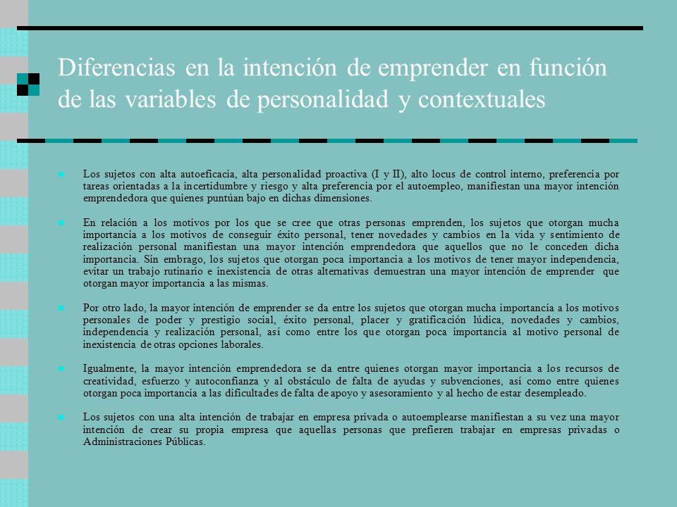 Diferencias en la intención de emprender en función de las variables de personalidad y contextuales