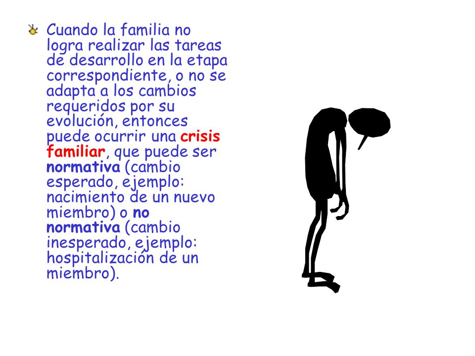 Cuando la familia no logra realizar las tareas de desarrollo en la etapa correspondiente, o no se adapta a los cambios requeridos por su evolución, entonces puede ocurrir una crisis familiar, que puede ser normativa (cambio esperado, ejemplo: nacimiento de un nuevo miembro) o no normativa (cambio inesperado, ejemplo: hospitalización de un miembro).