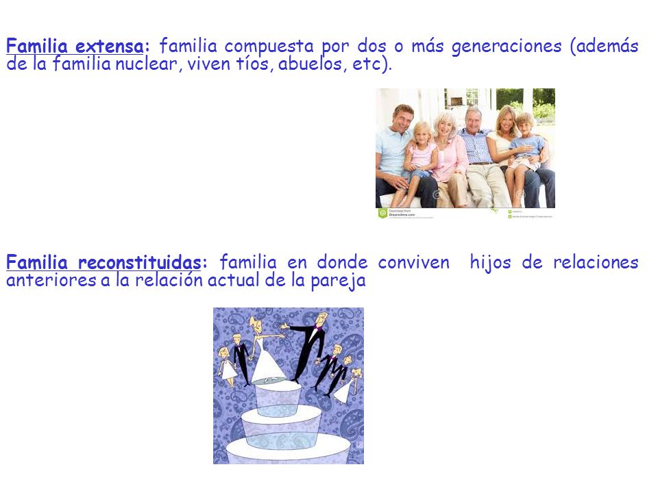 Familia extensa: familia compuesta por dos o más generaciones (además de la familia nuclear, viven tíos, abuelos, etc).