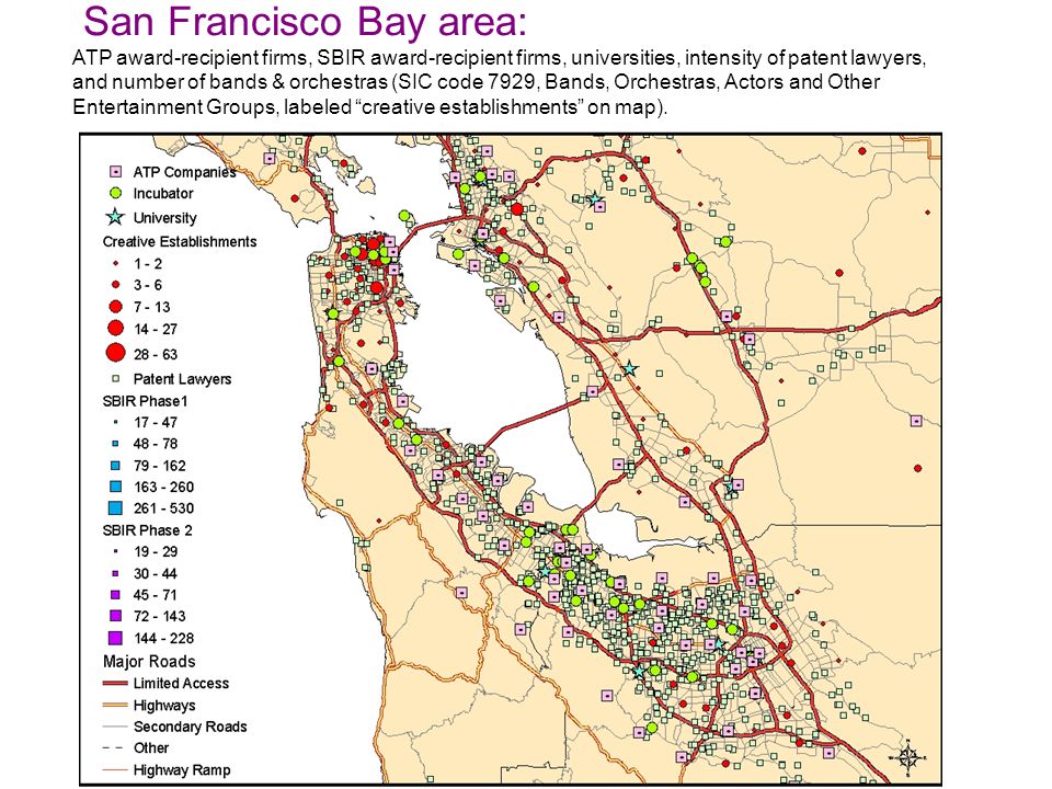 San Francisco Bay area: ATP award-recipient firms, SBIR award-recipient firms, universities, intensity of patent lawyers, and number of bands & orchestras (SIC code 7929, Bands, Orchestras, Actors and Other Entertainment Groups, labeled creative establishments on map).