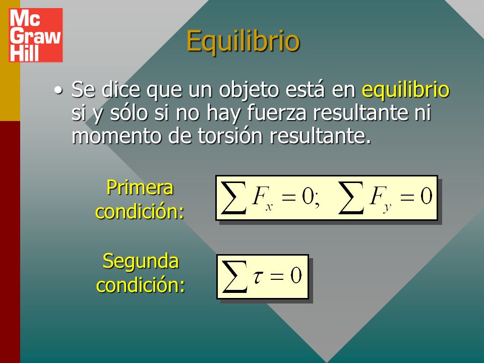 Equilibrio Se dice que un objeto está en equilibrio si y sólo si no hay fuerza resultante ni momento de torsión resultante.