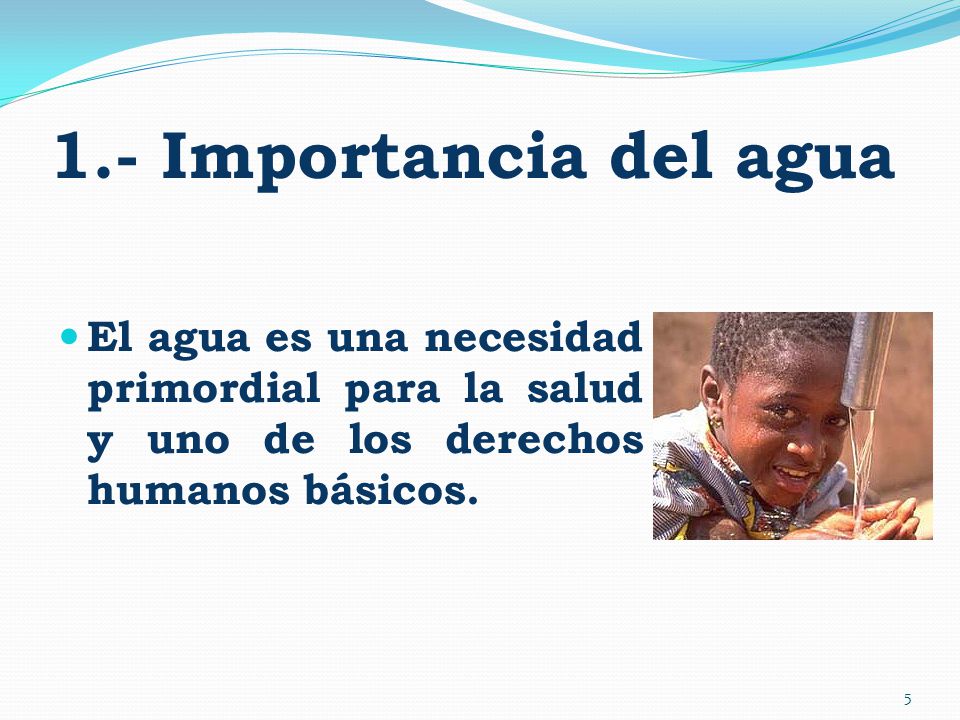 1.- Importancia del agua El agua es una necesidad primordial para la salud y uno de los derechos humanos básicos.