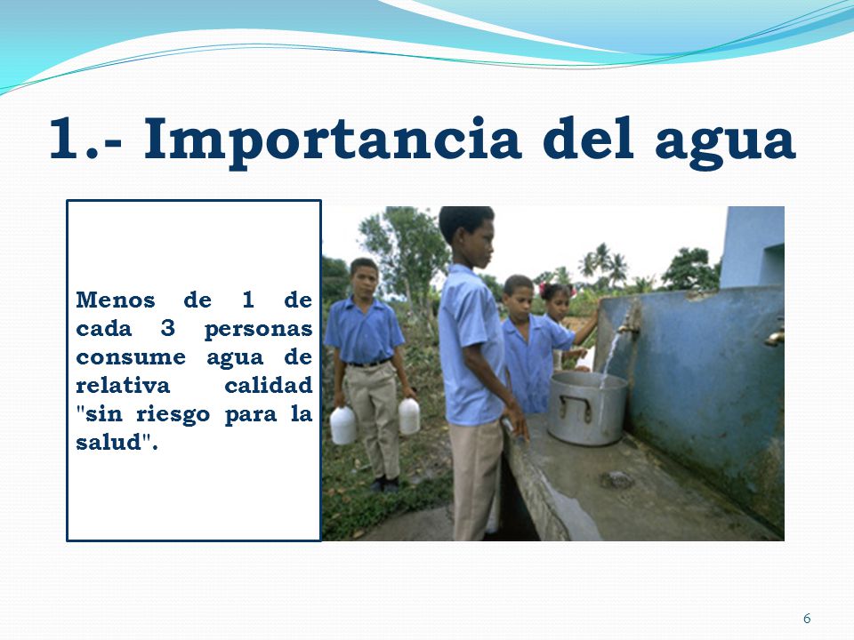 1.- Importancia del agua Menos de 1 de cada 3 personas consume agua de relativa calidad sin riesgo para la salud .