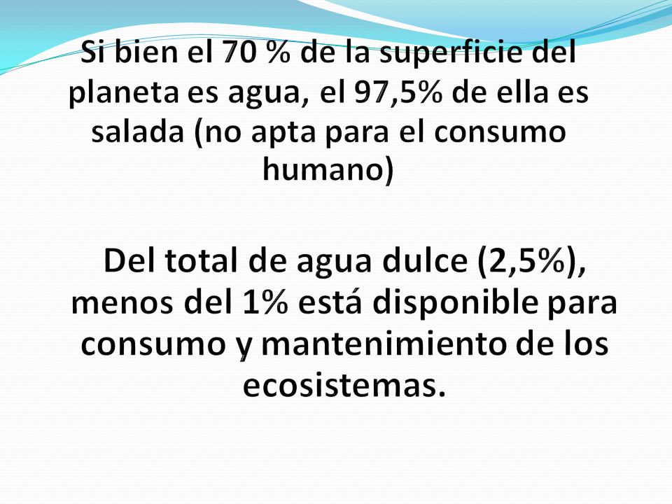 Si bien el 70 % de la superficie del planeta es agua, el 97,5% de ella es salada (no apta para el consumo humano)