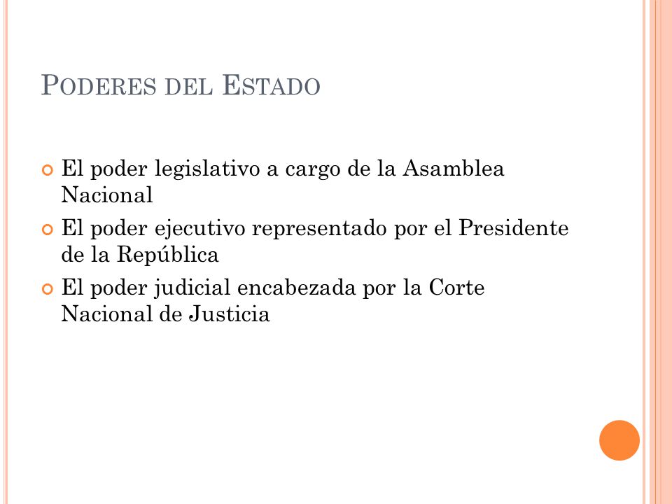 Poderes del Estado El poder legislativo a cargo de la Asamblea Nacional. El poder ejecutivo representado por el Presidente de la República.