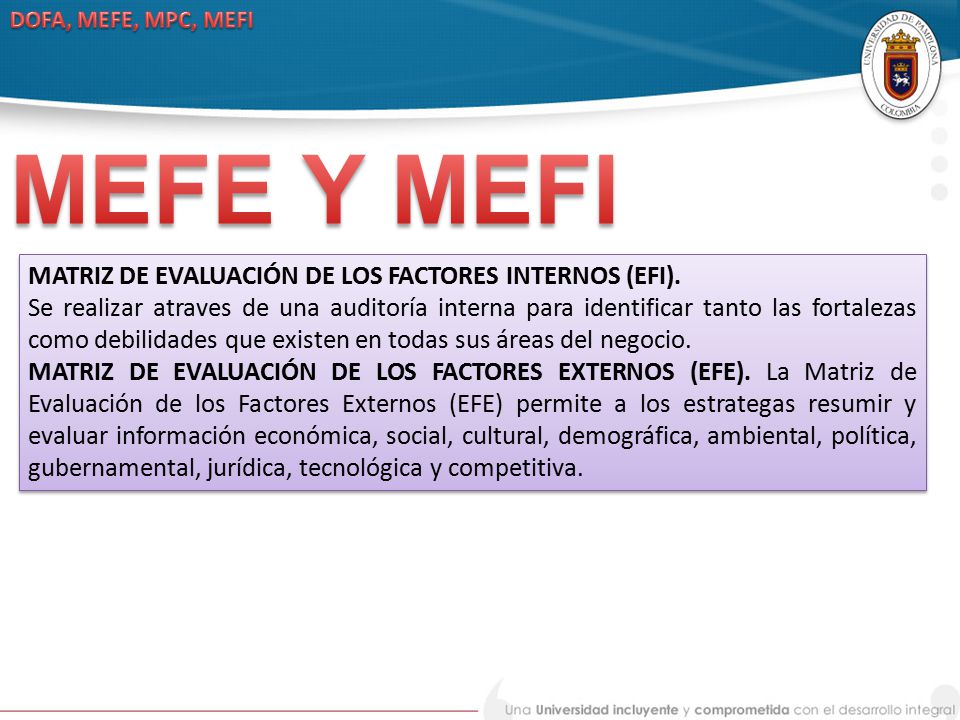 MEFE Y MEFI MATRIZ DE EVALUACIÓN DE LOS FACTORES INTERNOS (EFI).