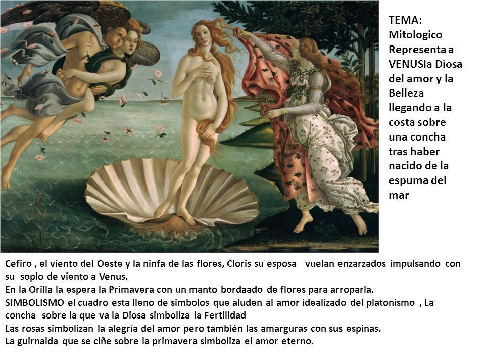 TEMA: Mitologico Representa a VENUSla Diosa del amor y la Belleza llegando a la costa sobre una concha tras haber nacido de la espuma del mar