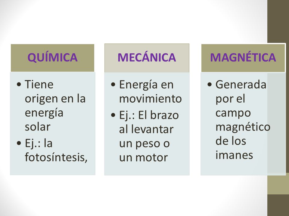QUÍMICA Tiene origen en la energía solar. Ej.: la fotosíntesis, MECÁNICA. Energía en movimiento.