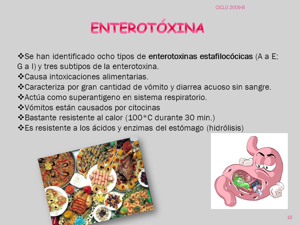 CICLO 2009-B ENTEROTÓXINA. Se han identificado ocho tipos de enterotoxinas estafilocócicas (A a E; G a I) y tres subtipos de la enterotoxina.
