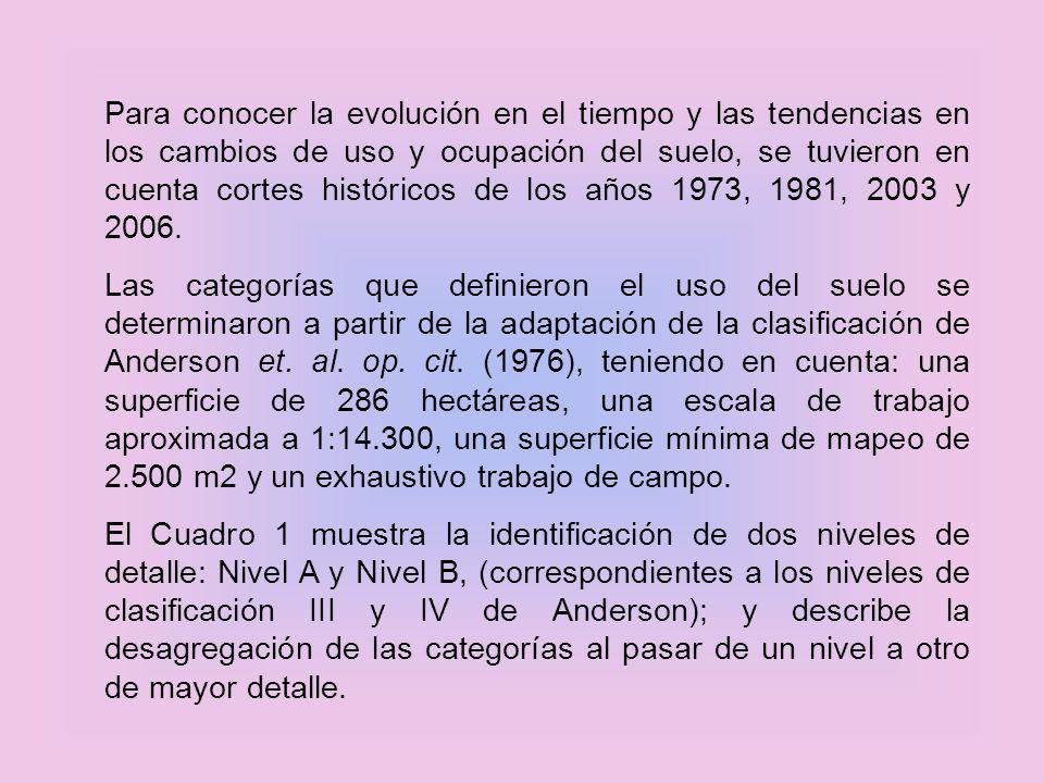 Para conocer la evolución en el tiempo y las tendencias en los cambios de uso y ocupación del suelo, se tuvieron en cuenta cortes históricos de los años 1973, 1981, 2003 y 2006.