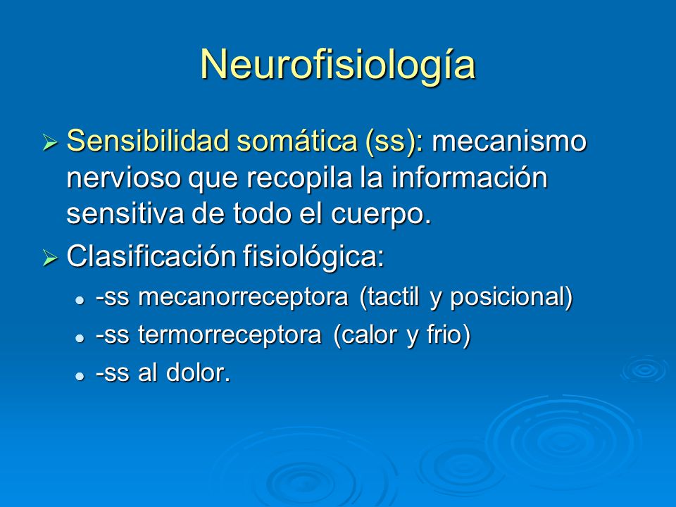 Neurofisiología Sensibilidad somática (ss): mecanismo nervioso que recopila la información sensitiva de todo el cuerpo.