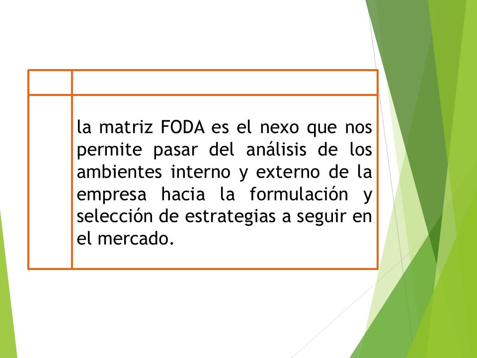 la matriz FODA es el nexo que nos permite pasar del análisis de los ambientes interno y externo de la empresa hacia la formulación y selección de estrategias a seguir en el mercado.