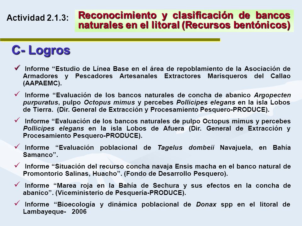 Actividad 2.1.3: Reconocimiento y clasificación de bancos naturales en el litoral (Recursos bentónicos)