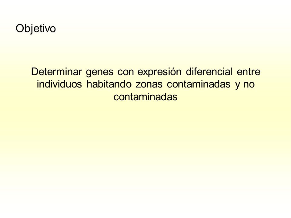 Objetivo Determinar genes con expresión diferencial entre individuos habitando zonas contaminadas y no contaminadas.