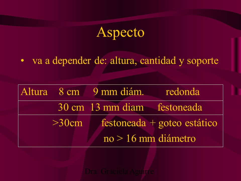 Aspecto va a depender de: altura, cantidad y soporte