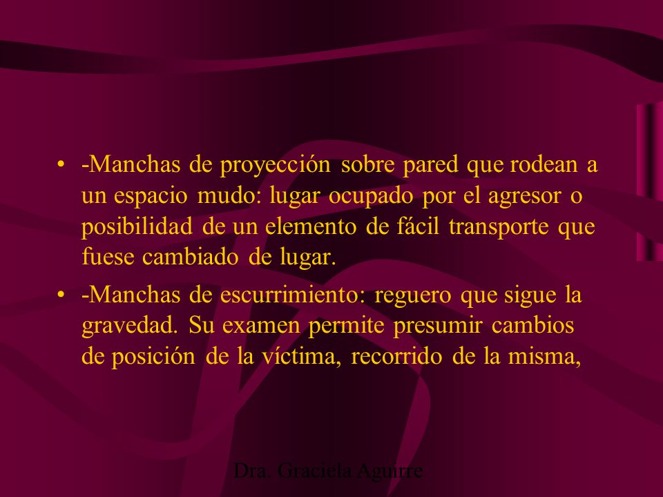 -Manchas de proyección sobre pared que rodean a un espacio mudo: lugar ocupado por el agresor o posibilidad de un elemento de fácil transporte que fuese cambiado de lugar.