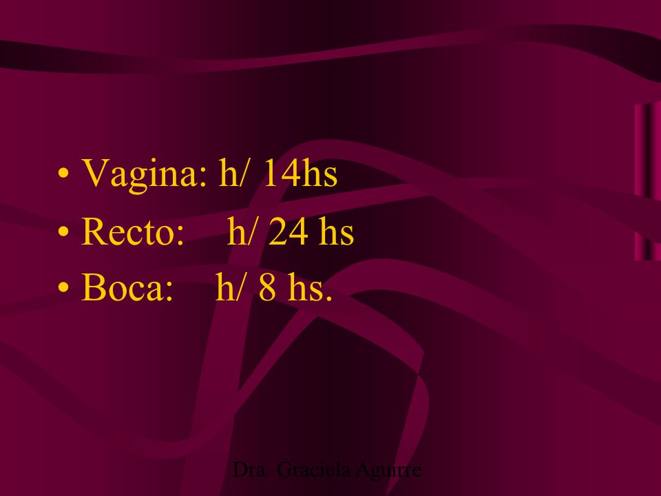 Vagina: h/ 14hs Recto: h/ 24 hs Boca: h/ 8 hs. Dra. Graciela Aguirre