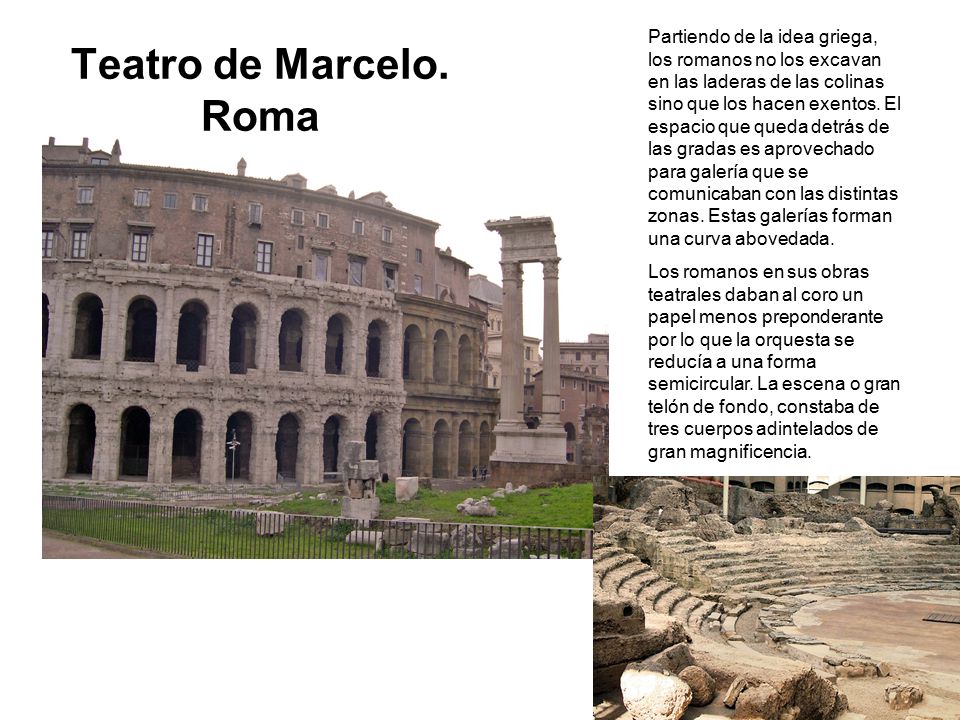 Partiendo de la idea griega, los romanos no los excavan en las laderas de las colinas sino que los hacen exentos. El espacio que queda detrás de las gradas es aprovechado para galería que se comunicaban con las distintas zonas. Estas galerías forman una curva abovedada.