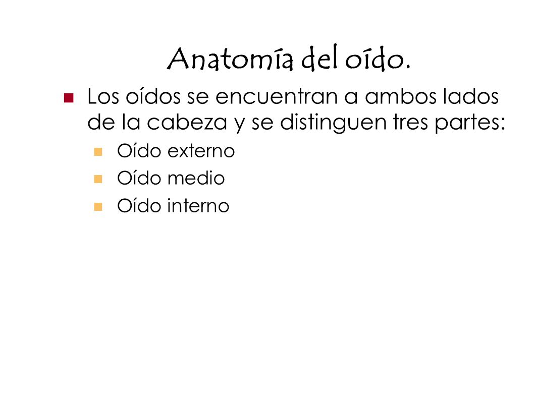 Anatomía del oído. Los oídos se encuentran a ambos lados de la cabeza y se distinguen tres partes: