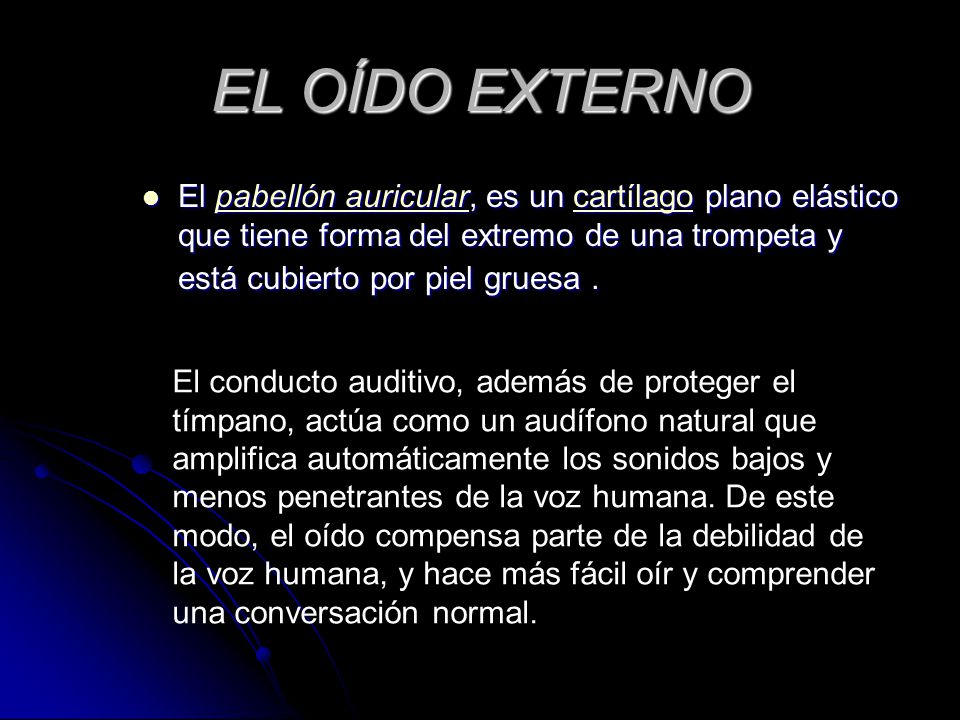 EL OÍDO EXTERNO El pabellón auricular, es un cartílago plano elástico que tiene forma del extremo de una trompeta y está cubierto por piel gruesa .