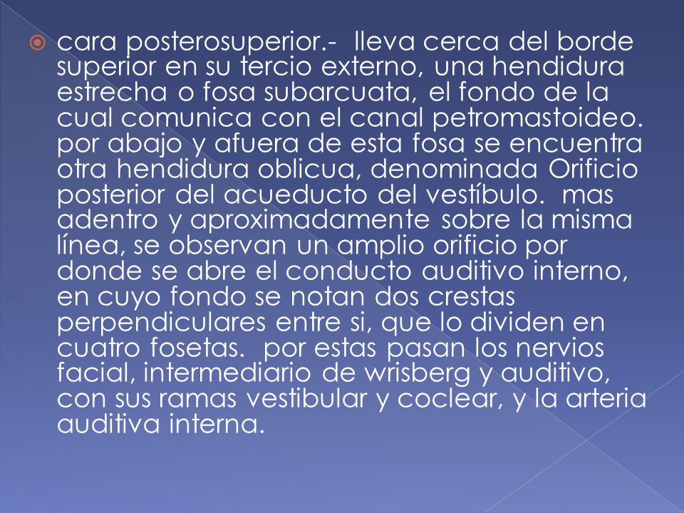 cara posterosuperior.- lleva cerca del borde superior en su tercio externo, una hendidura estrecha o fosa subarcuata, el fondo de la cual comunica con el canal petromastoideo.