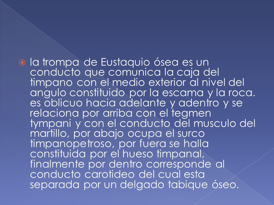 la trompa de Eustaquio ósea es un conducto que comunica la caja del timpano con el medio exterior al nivel del angulo constituido por la escama y la roca.