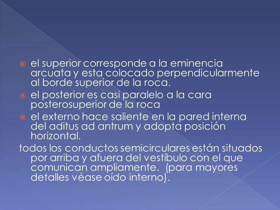 el superior corresponde a la eminencia arcuata y esta colocado perpendicularmente al borde superior de la roca.