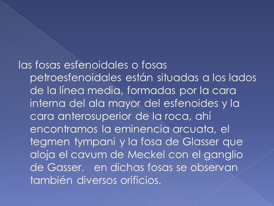 las fosas esfenoidales o fosas petroesfenoidales están situadas a los lados de la línea media, formadas por la cara interna del ala mayor del esfenoides y la cara anterosuperior de la roca, ahí encontramos la eminencia arcuata, el tegmen tympani y la fosa de Glasser que aloja el cavum de Meckel con el ganglio de Gasser.