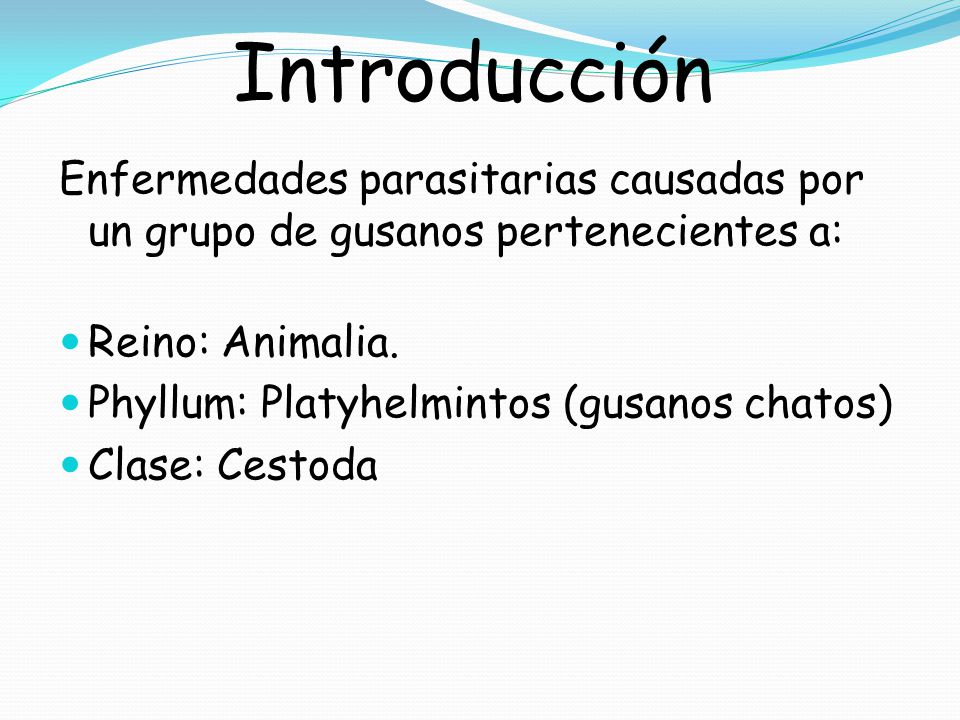 Introducción Enfermedades parasitarias causadas por un grupo de gusanos pertenecientes a: Reino: Animalia.