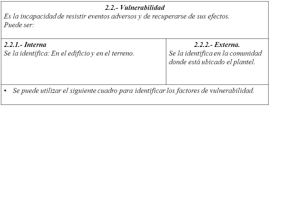 2.2.- Vulnerabilidad Es la incapacidad de resistir eventos adversos y de recuperarse de sus efectos.